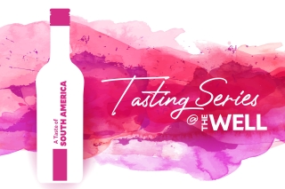 Bright pink and red graphics with a silhouette of a wine bottle.