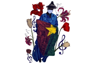 A person wearing traditional Burkinabé clothing holding the Burkina Faso flag, being surrounded by white birds, flowers, and musical notes
