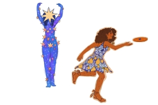 An image with two hand drawn figures. The left, blue figure has curly hair and is surrounded by stars, with their head raised above their body. The right, orange figure also has curly hair and is throwing a frisbee, the figure is wearing a blue dress and sandals