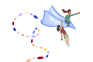 Illustration of a squiggly flying path with one person holding up another.