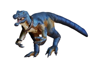 A 3D rendering of a blue dinosaur with a spiked collar and its mouth open