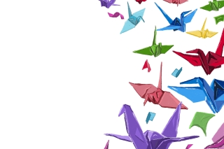 A digital illustration of colorful paper cranes and paper cranes floating in a U shape