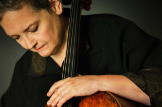 Artist with hands on instrument. Looks down in concentration.
