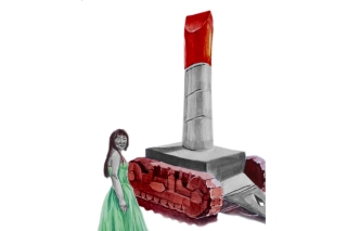 A watercolor drawing of a woman with long hair in a green dress, standing next to a large sculpture of a giant lipstick on top of a military tank