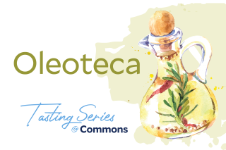 Oleoteca in text with beautiful clear olive oil decanter.