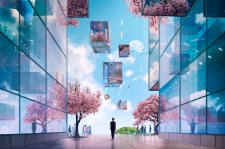 Digital collage of floating shapes in a sky.