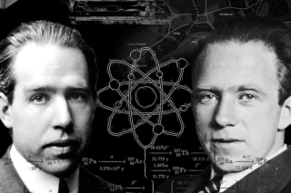 Black and white image of two men and a nuclear symbol.