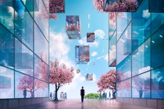 Art collage of a person in a mirrored city scape. Dreamlike. Pink and blue colors.