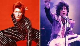 Side-by-side closeups of David Bowie and Prince