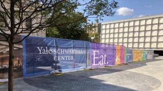 Hoarding (construction signage) outside the Yale Schwarzman Center, October 2020.