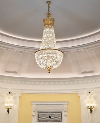 A close-up of the crystalline chandelier in the Presidents' Room. Photo by Francis Dzikowski.