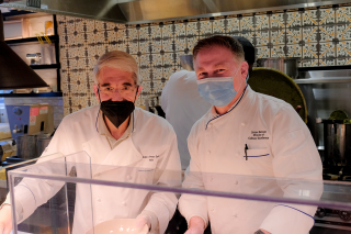 Yale President Peter Salovey and Director of Culinary Excellence James Benson in the Commons Servery