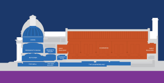 Cross section of Yale Schwarzman Center, With the East Balcony, Commons, and West Balcony in orange