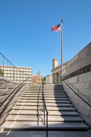 From Hewitt Quadrangle, the staircase leads to the underground section of Commons, which houses The Bow Wow, Dance Studio, The Underground, and The Well. Photo by Francis Dzikowski.