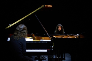 Katia Lebeque performing piano