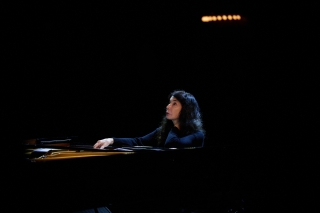 Marielle Lebeque performing piano