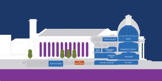 A cross section of Yale Schwarzman Center, with the Bow Wow highlighted in orange