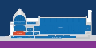 A cross section diagram of the Schwarzman Center, with the Rotunda highlighted in orange